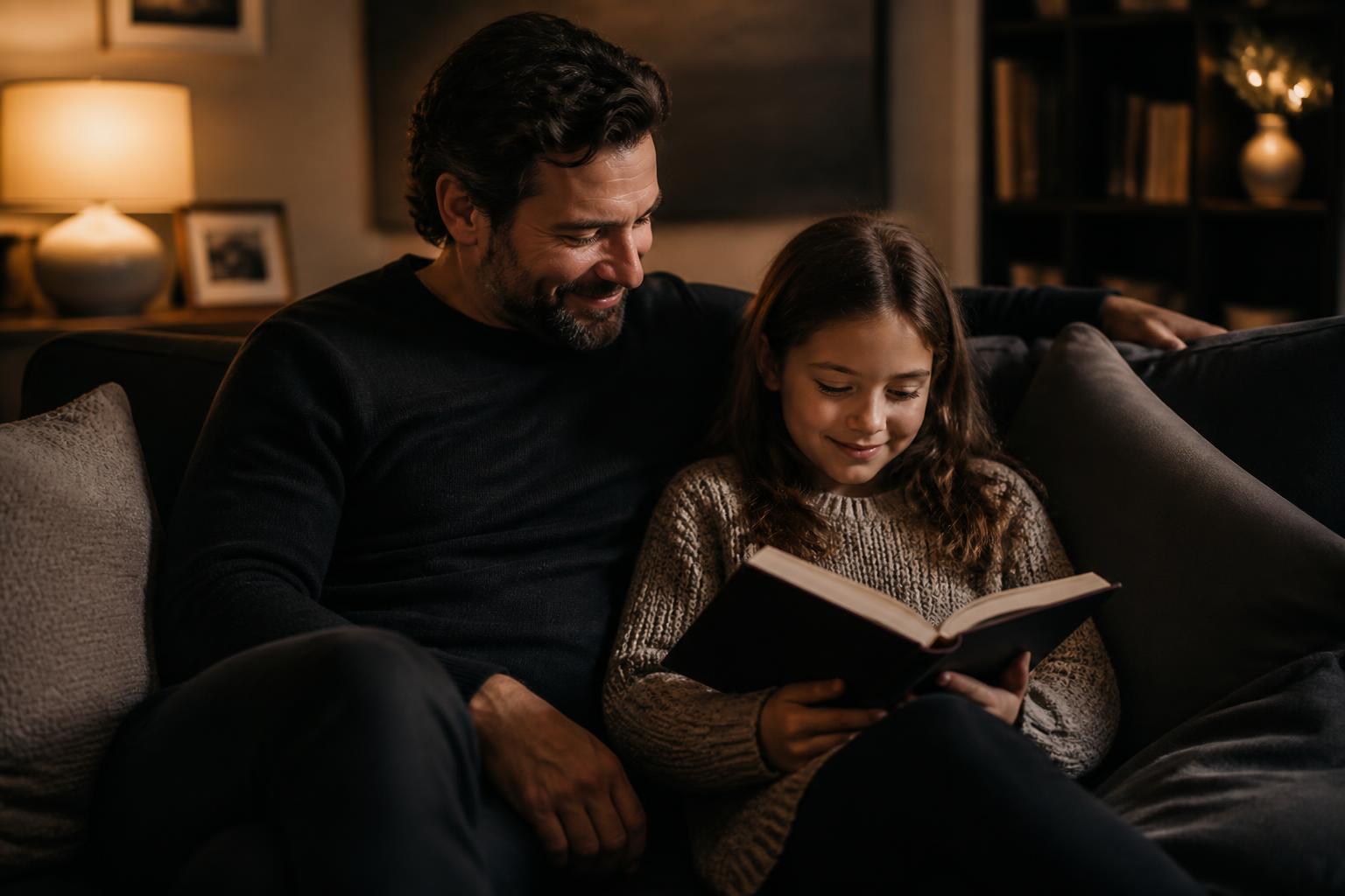 Parent reading with their child during a peaceful evening routine