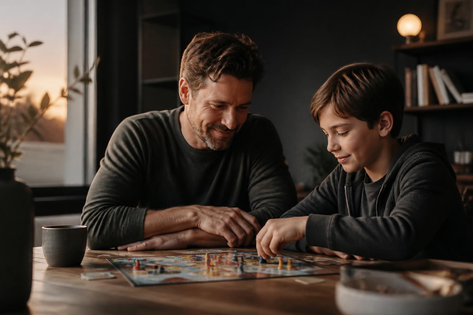 Father and son playing a board game after a calm screen transition