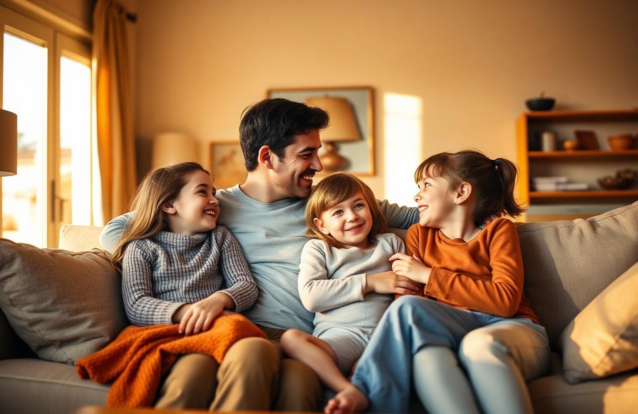 Whole family snuggled on a sofa, parents and two children laughing together